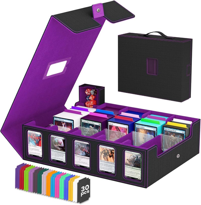 Gomyrod Trading Card Storage Box, 5 Row Card Deck Case with Commander Display & Portable Handle, 4200+ Card Deck Boxes Compatible for MTG TCG Magic Cards, 30 Divider, 8 Supporters, 1 Dice Tray(Black & Purple) - Image 1